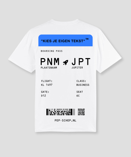 T-shirt « Boarding Pass » blanc et bleu - Commander des tenues de festival - Commander des t-shirts de festival - Vêtements résistants pour les festivals - Le plus beau t-shirt de festival.png