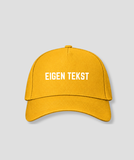 Casquette jaune avec le texte « EIGEN TEKST » en blanc sur le devant