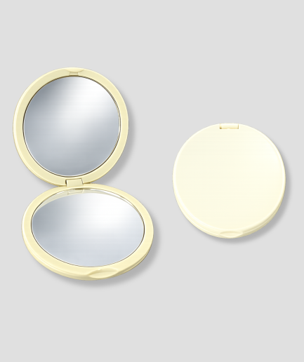Miroir de maquillage compact doré, vue ouvert et fermé sur fond gris clair