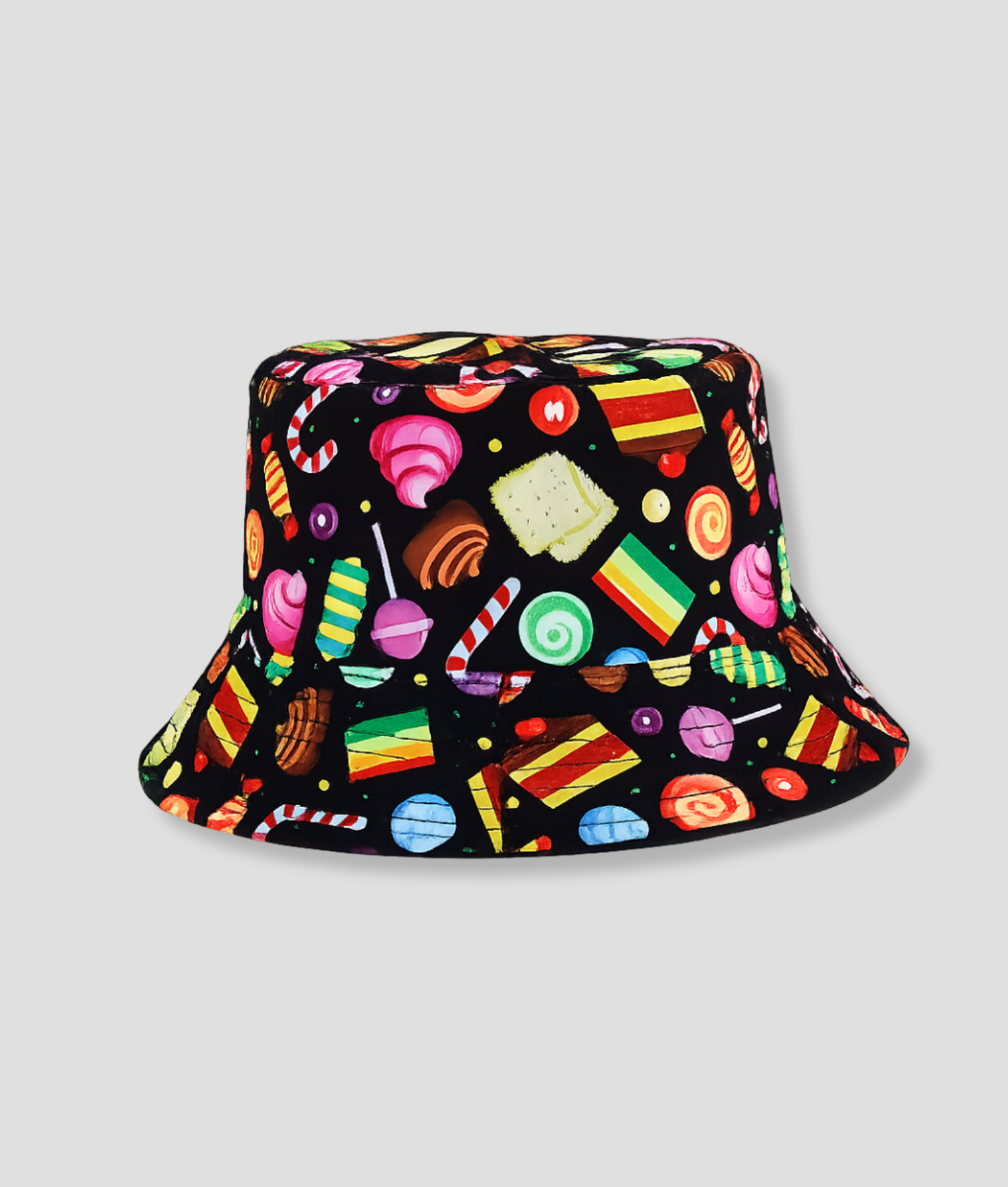 Zwarte bucket hat met snoepprint