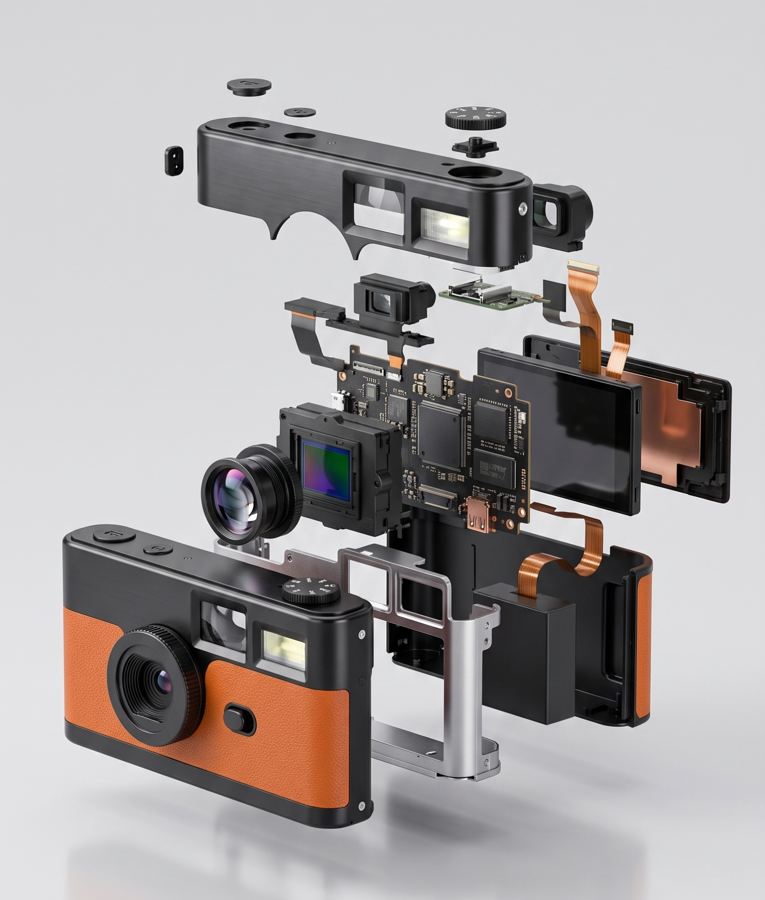 Binnenkant van de oranje FestiSnap retro camera met sensor, lens en accu