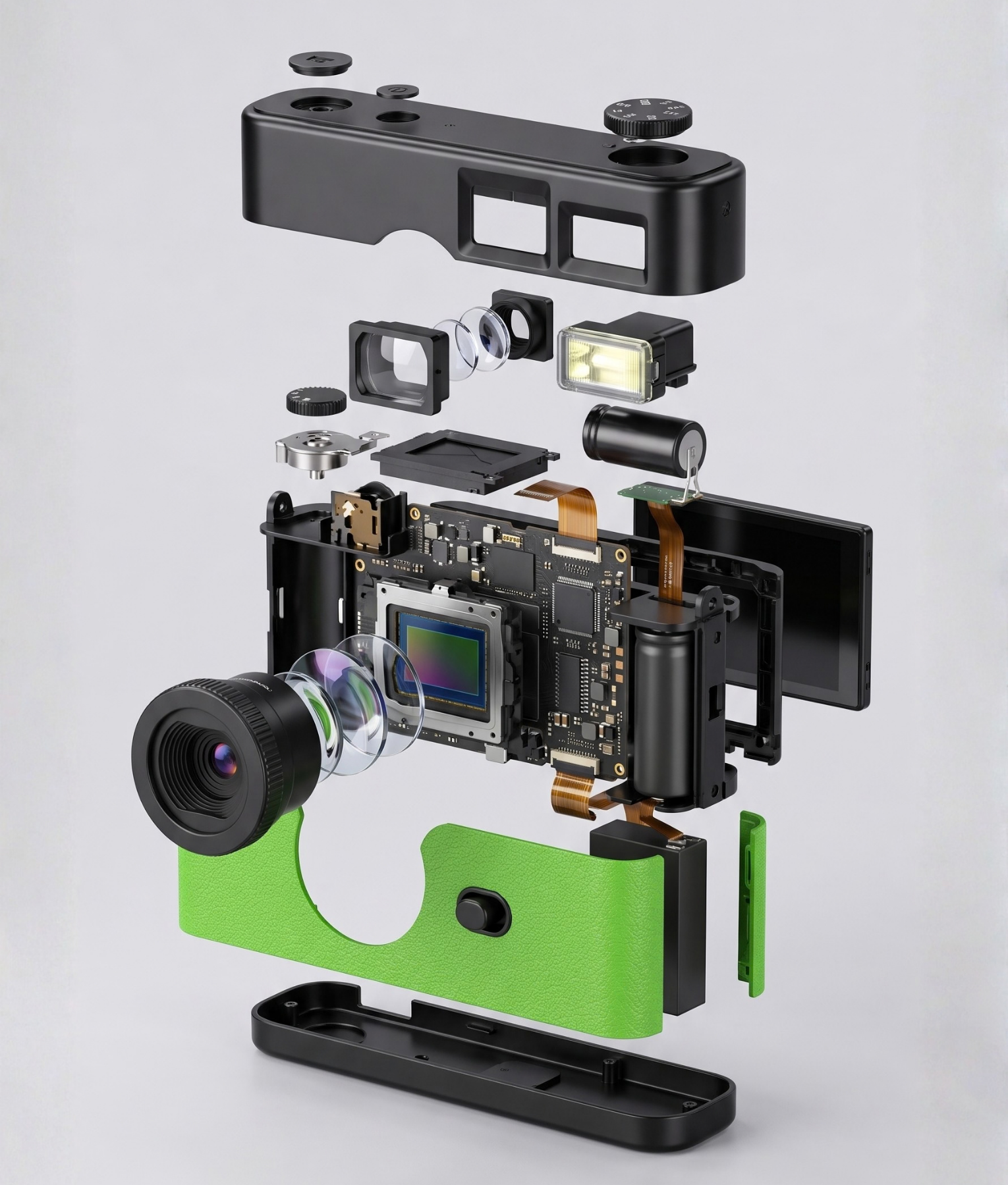 Binnenkant van de groene FestiSnap retro camera met sensor, lens en accu