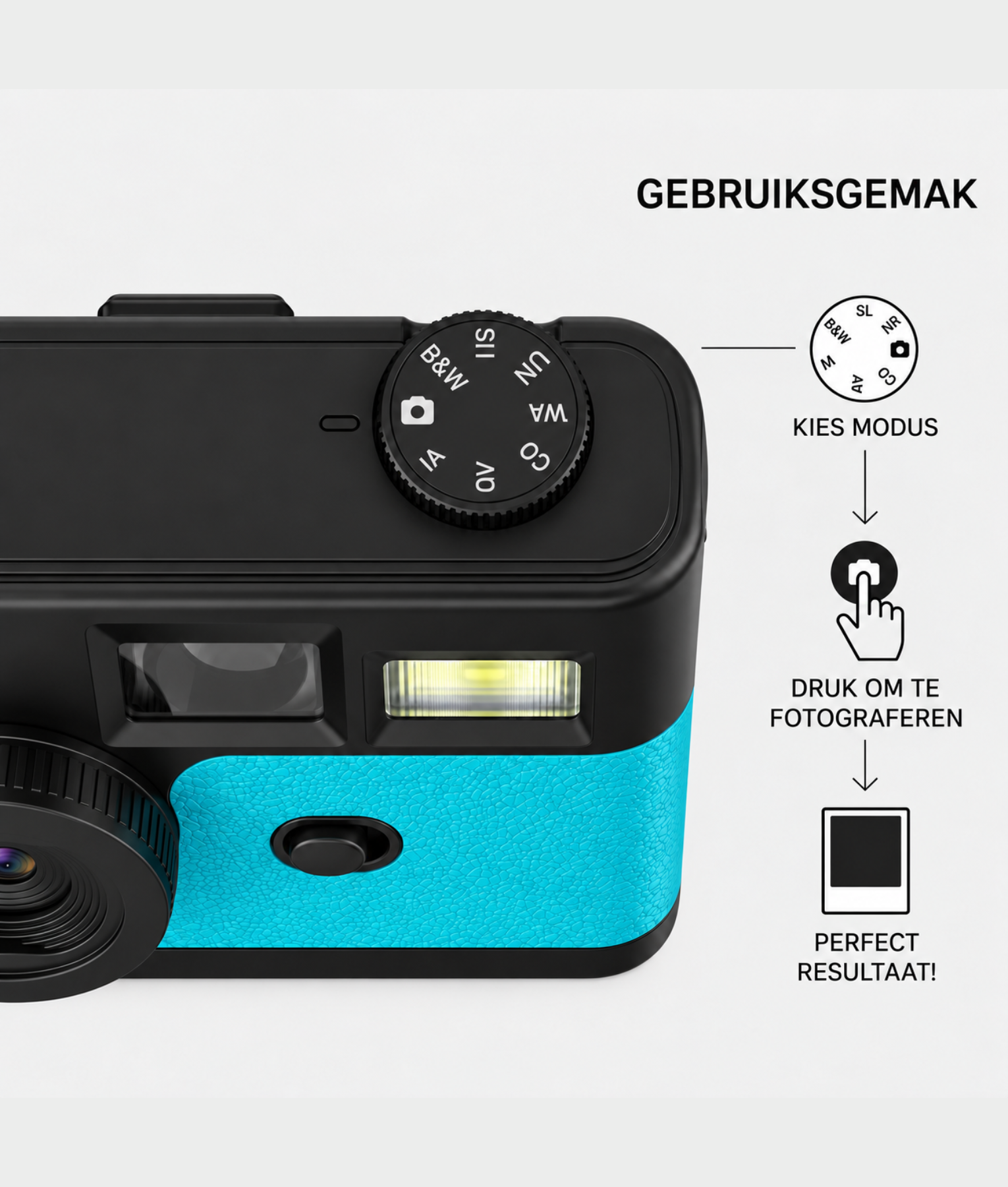 Blauwe FestiSnap retro camera met draaiknop voor de filters