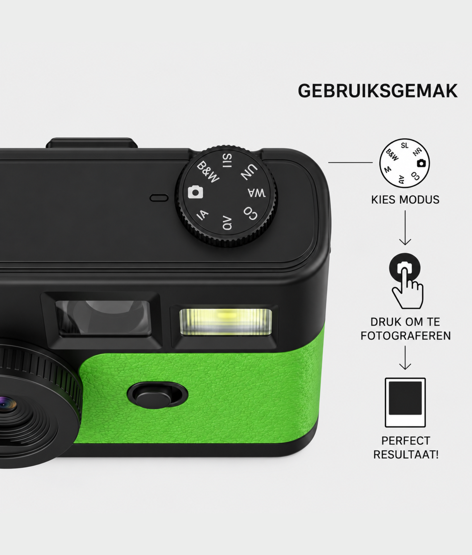 Groene FestiSnap retro camera met draaiknop voor de filters