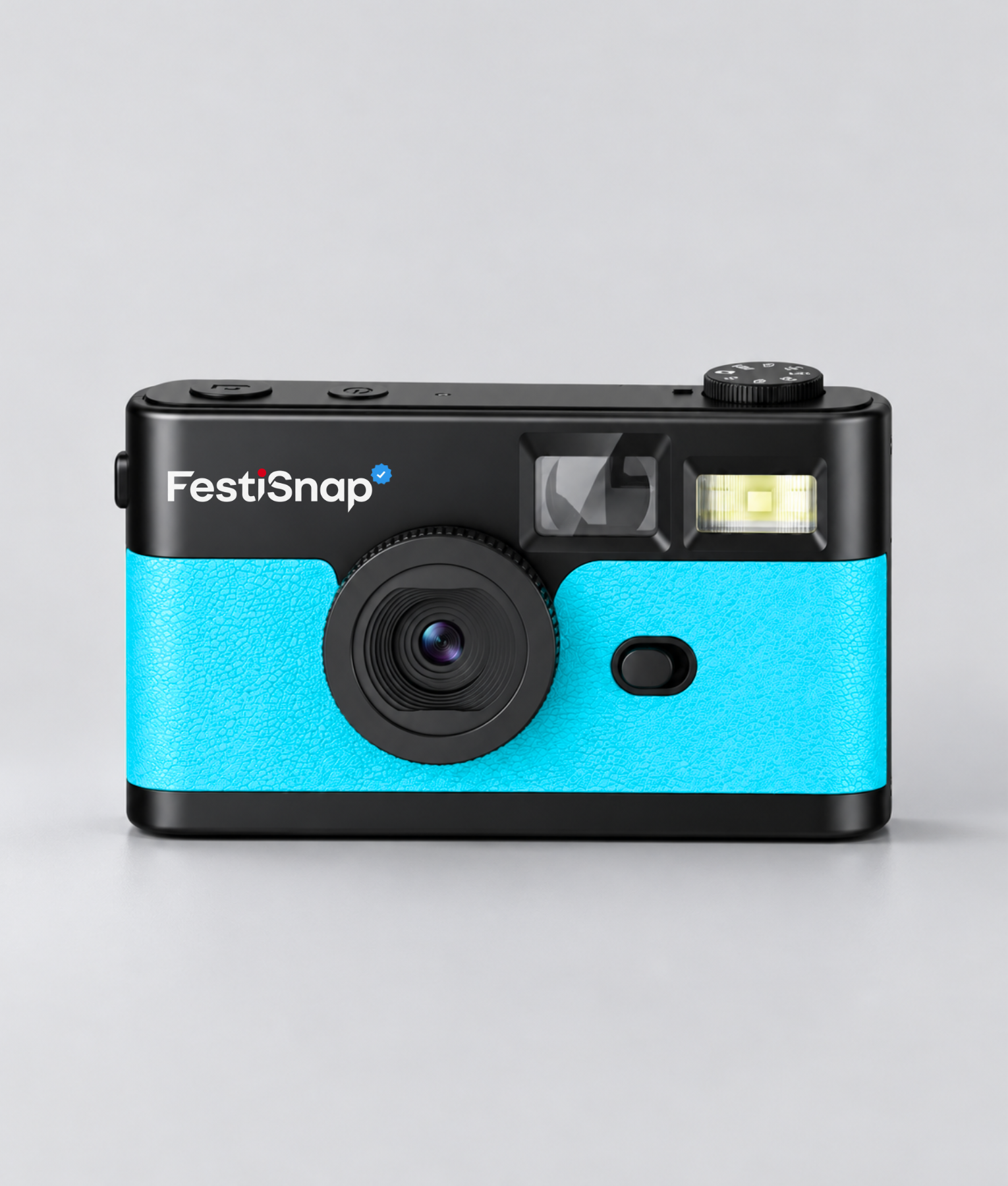 Blauwe FestiSnap retro camera van voren met lens, zoeker en flitser
