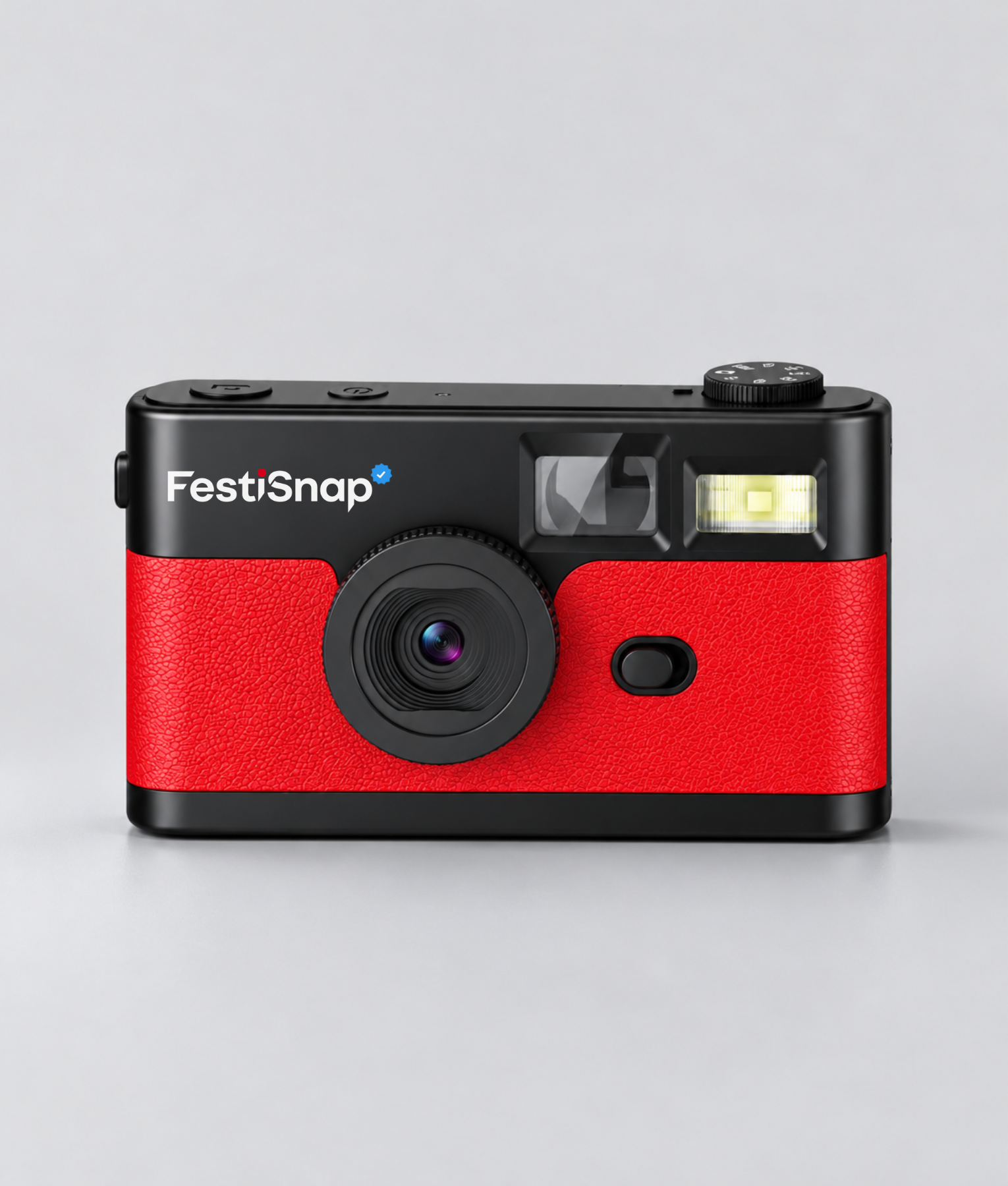Rode FestiSnap retro camera van voren met lens, zoeker en flitser