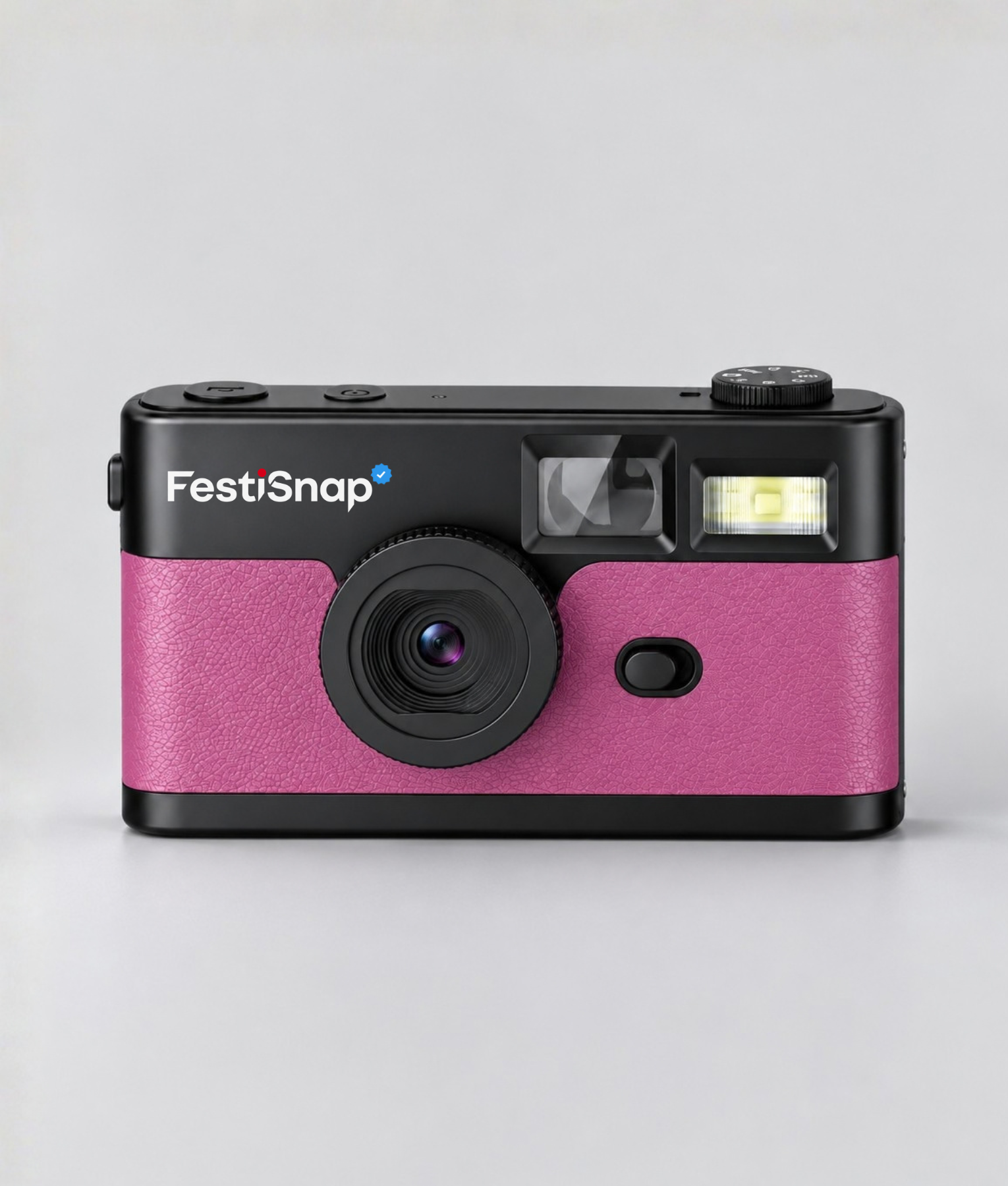 Roze FestiSnap retro camera van voren met lens, zoeker en flitser