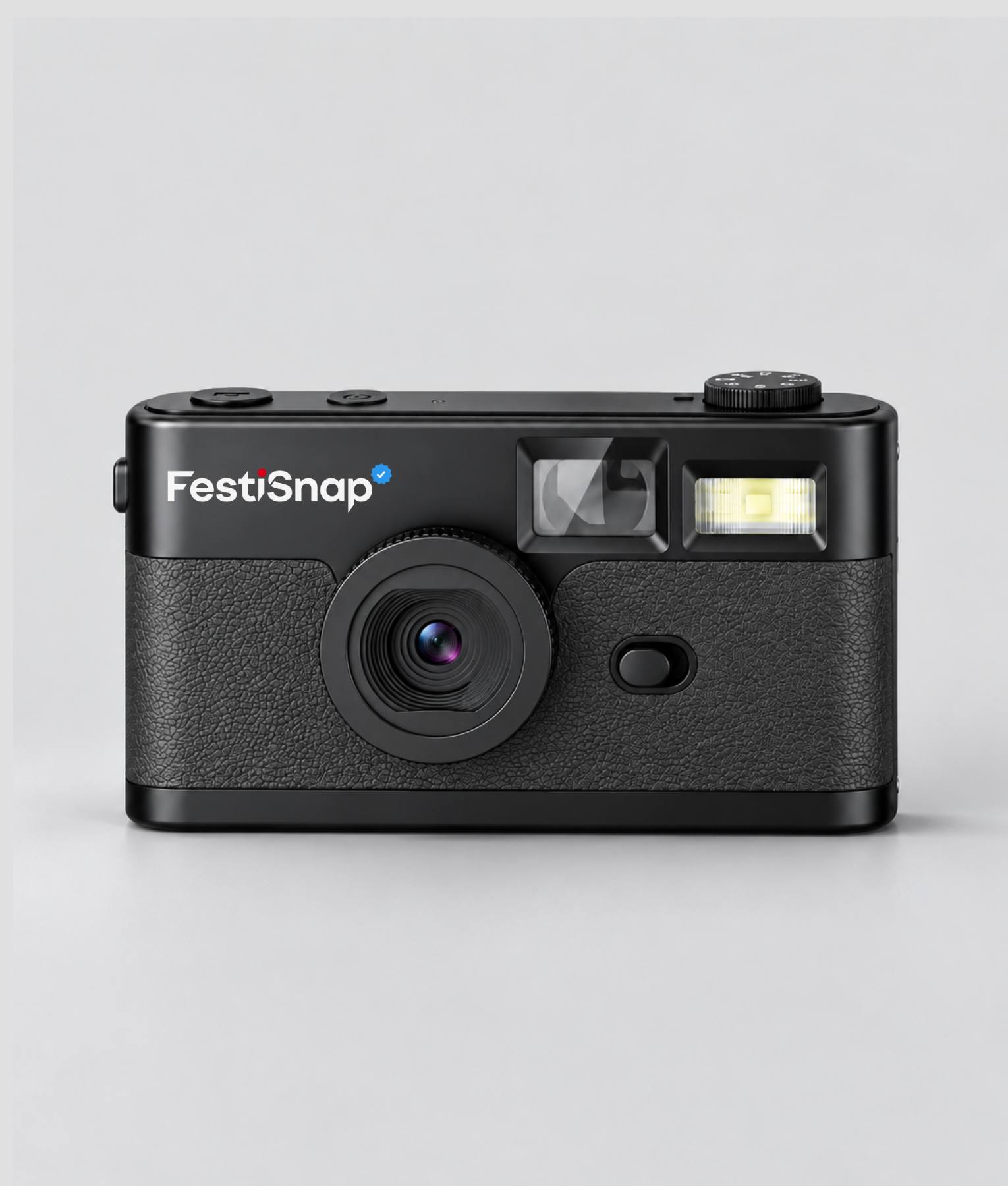 Zwarte FestiSnap retro camera van voren met lens, zoeker en flitser