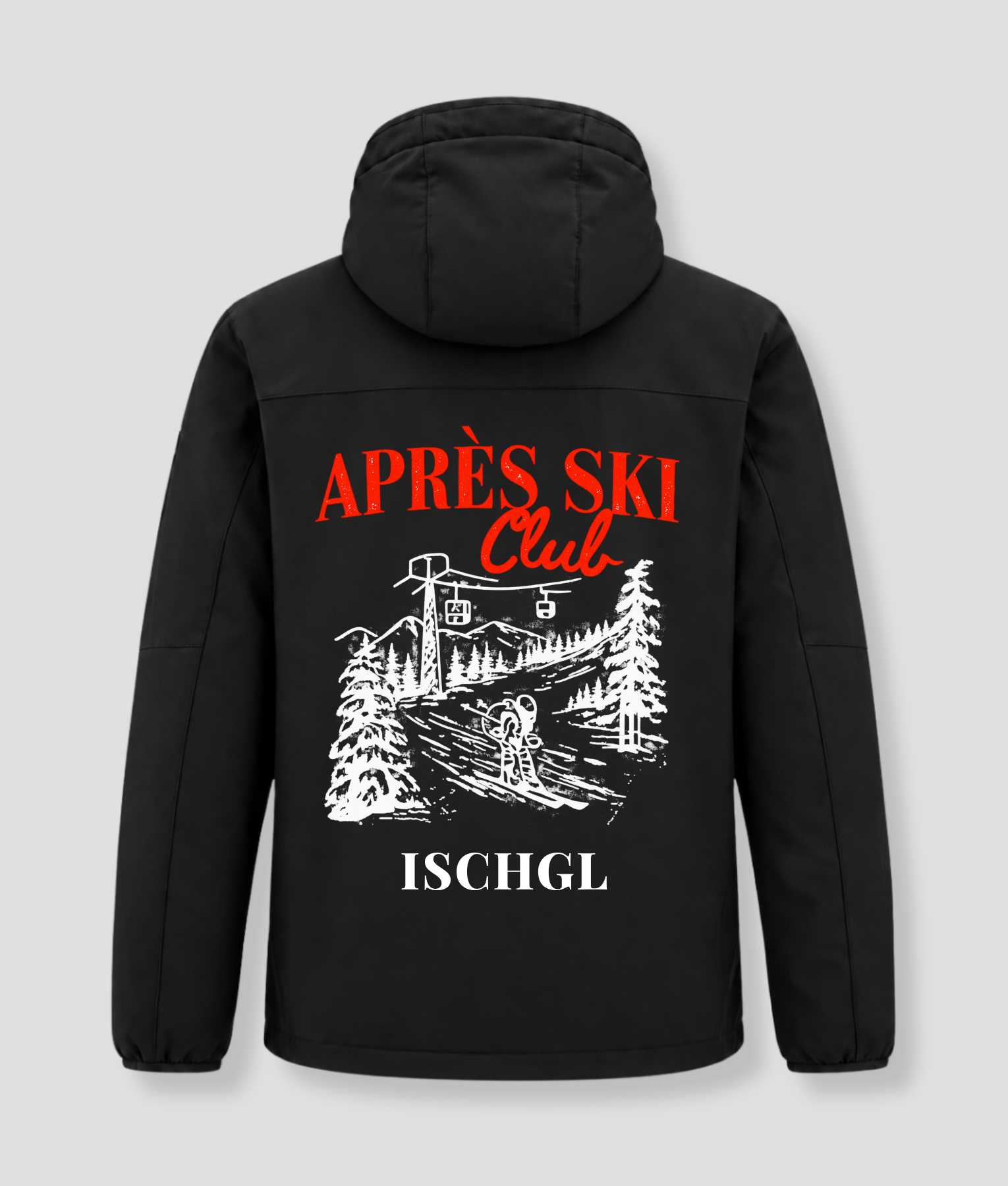 Veste d'hiver Après Ski Club noire, avec un imprimé et le nom « Ischgl » au dos