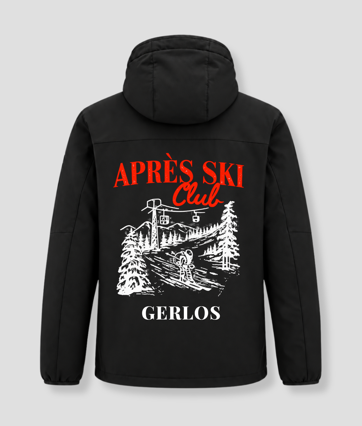 Veste d'hiver Après Ski Club noire, avec un imprimé et le nom « Gerlos » au dos