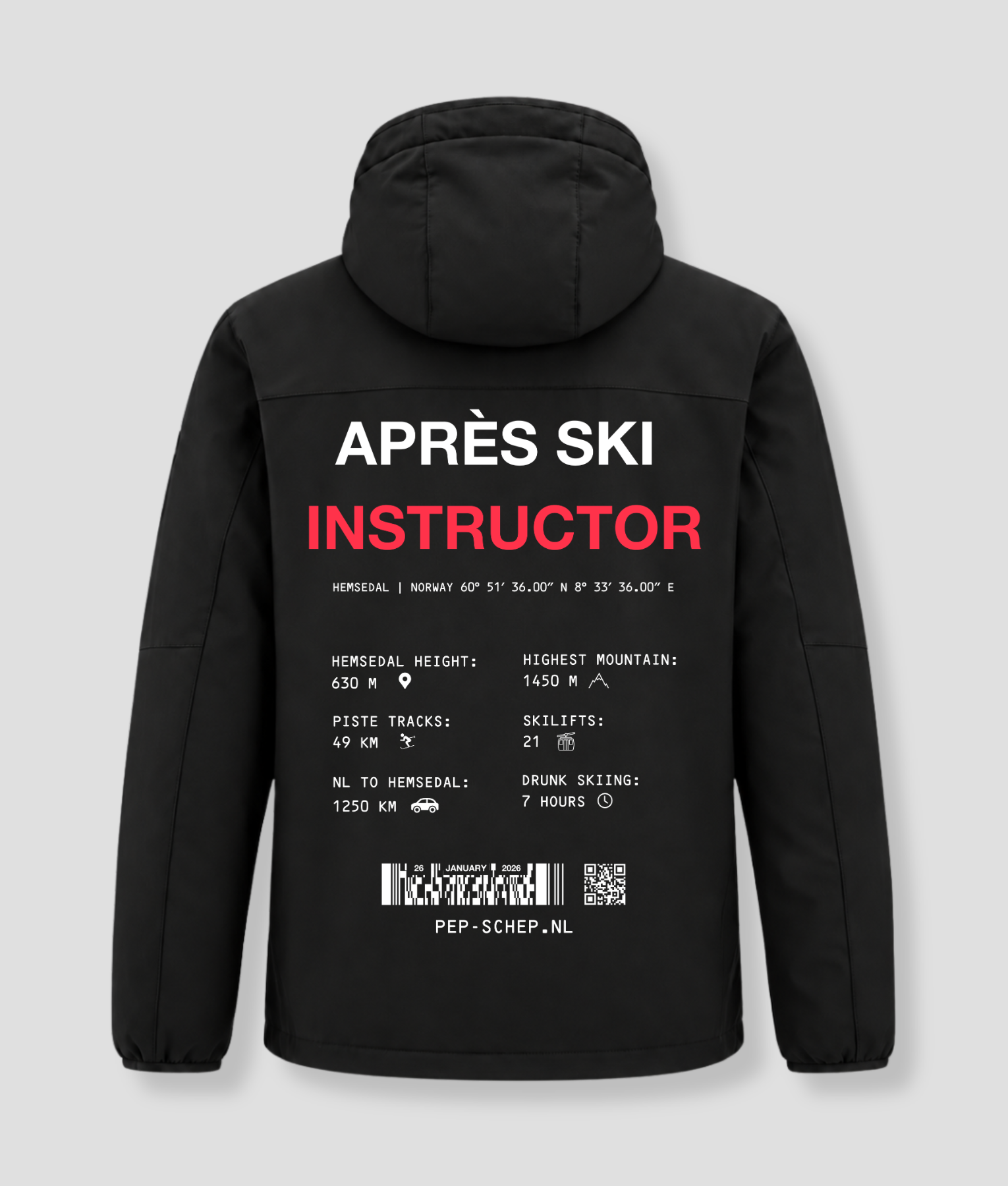 Veste d'hiver « Après Ski Instructor » noire, avec au dos les coordonnées de Hemsedal, en Norvège