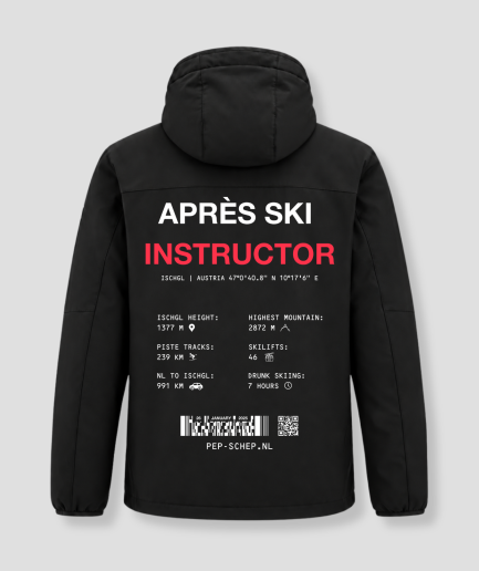 Veste d'hiver « Après Ski Instructor » noire, avec au dos les coordonnées d'Ischgl, en Autriche